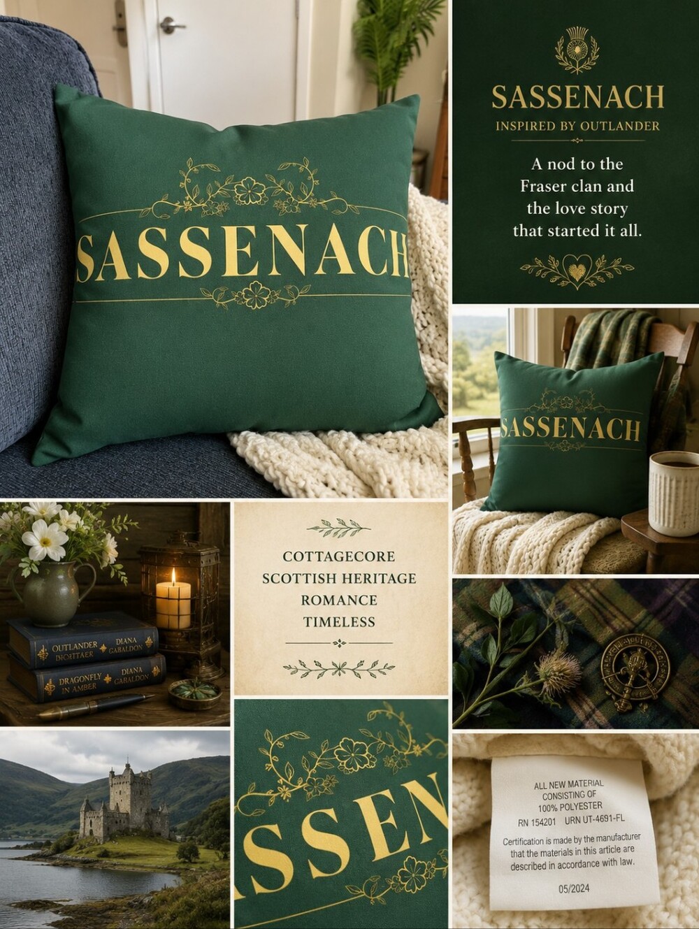 Sassenach Outlander Strawberry Pillow Yellow Fraser Clan Cottage Core 18x18